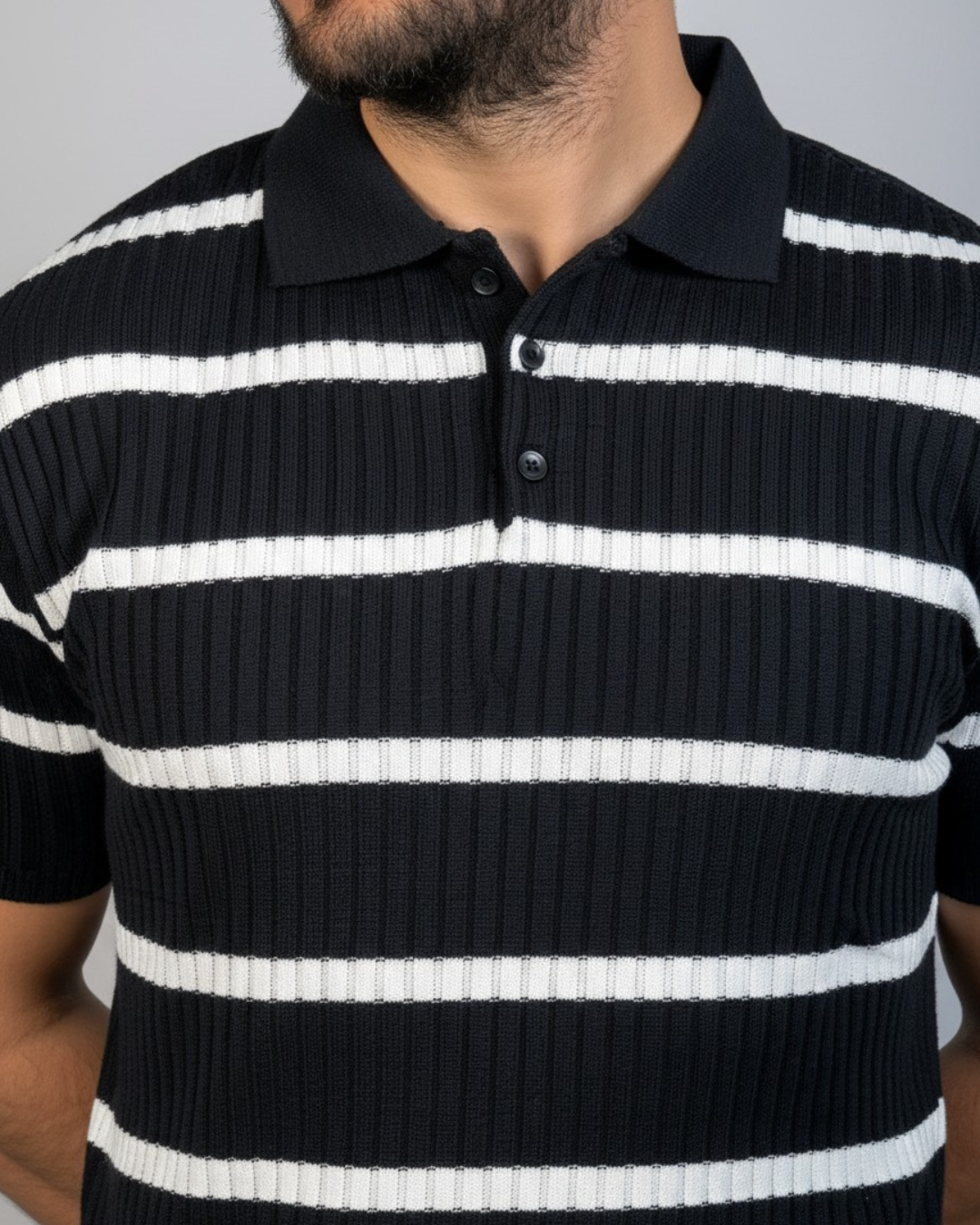 Men’s Striped Ribbed Knit Polo Shirt