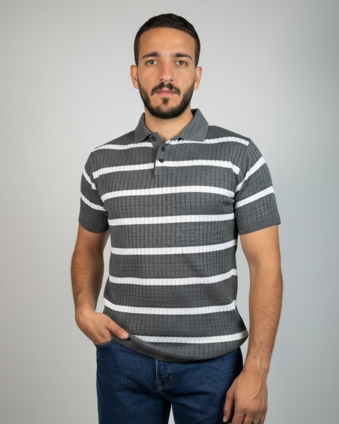 Men’s Striped Ribbed Knit Polo Shirt