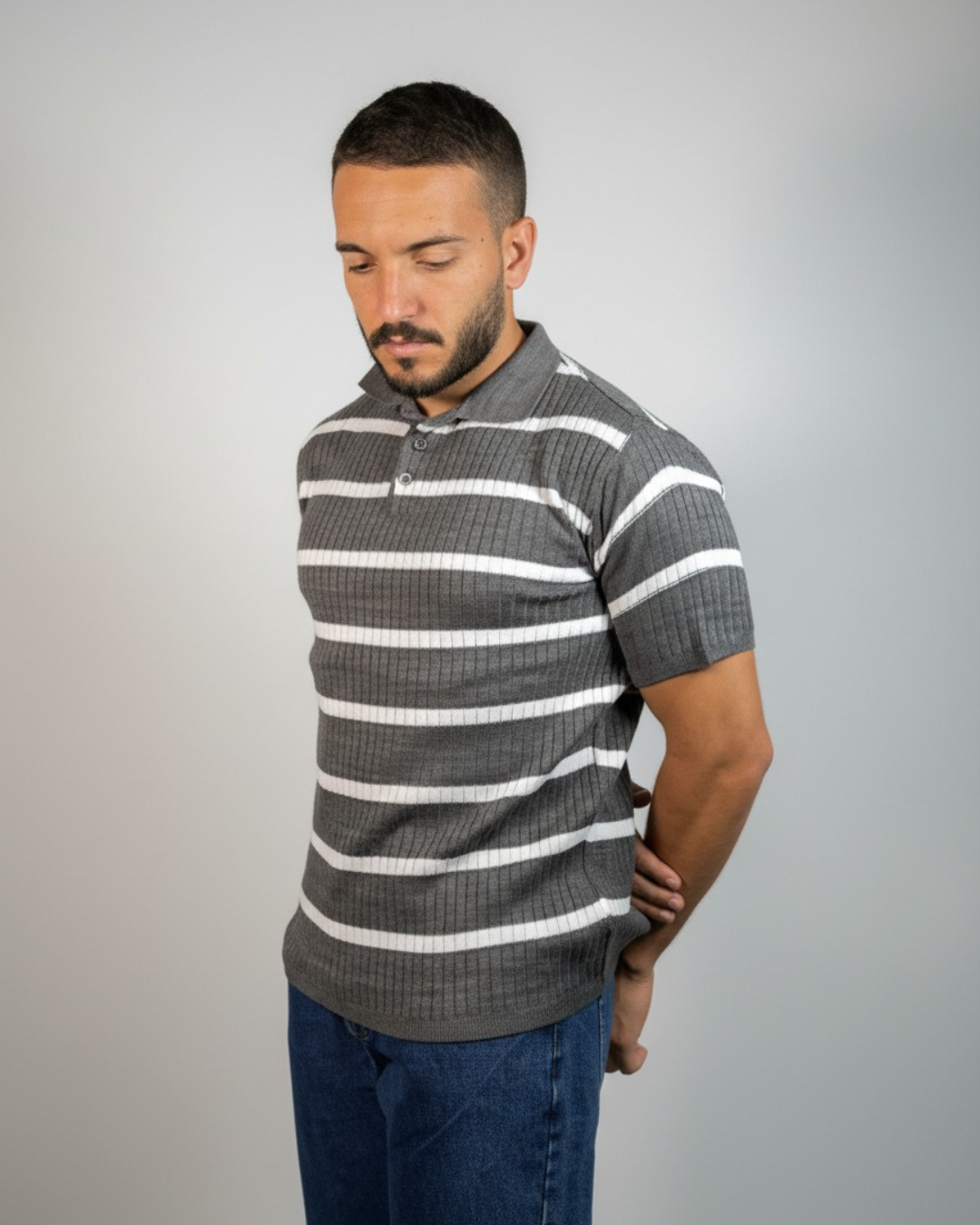 Men’s Striped Ribbed Knit Polo Shirt