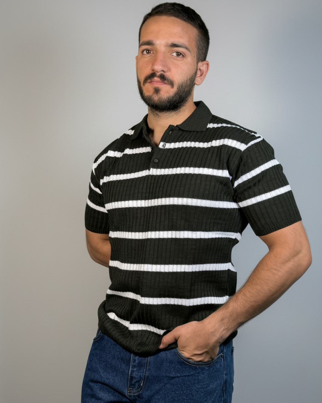 Men’s Striped Ribbed Knit Polo Shirt