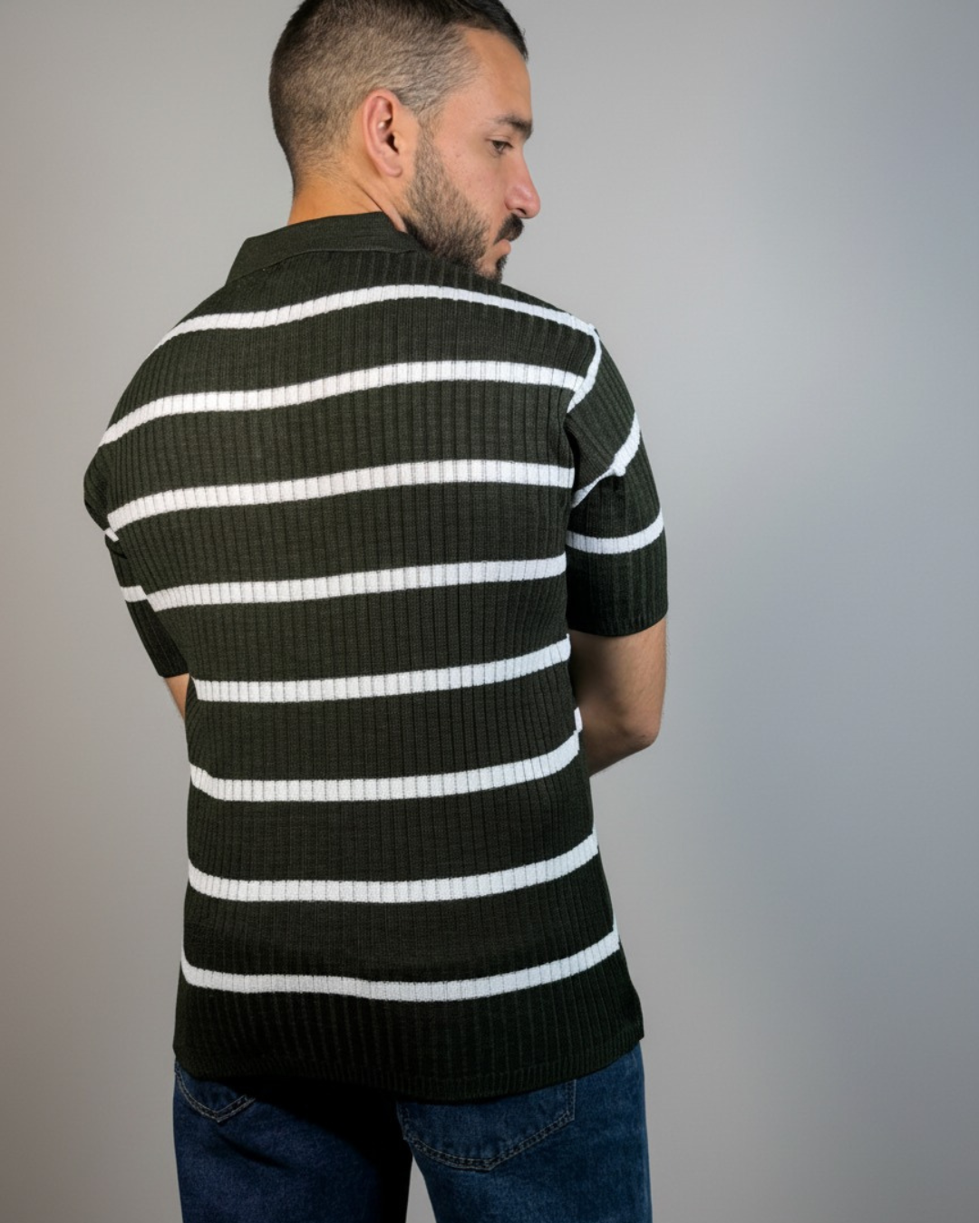 Men’s Striped Ribbed Knit Polo Shirt