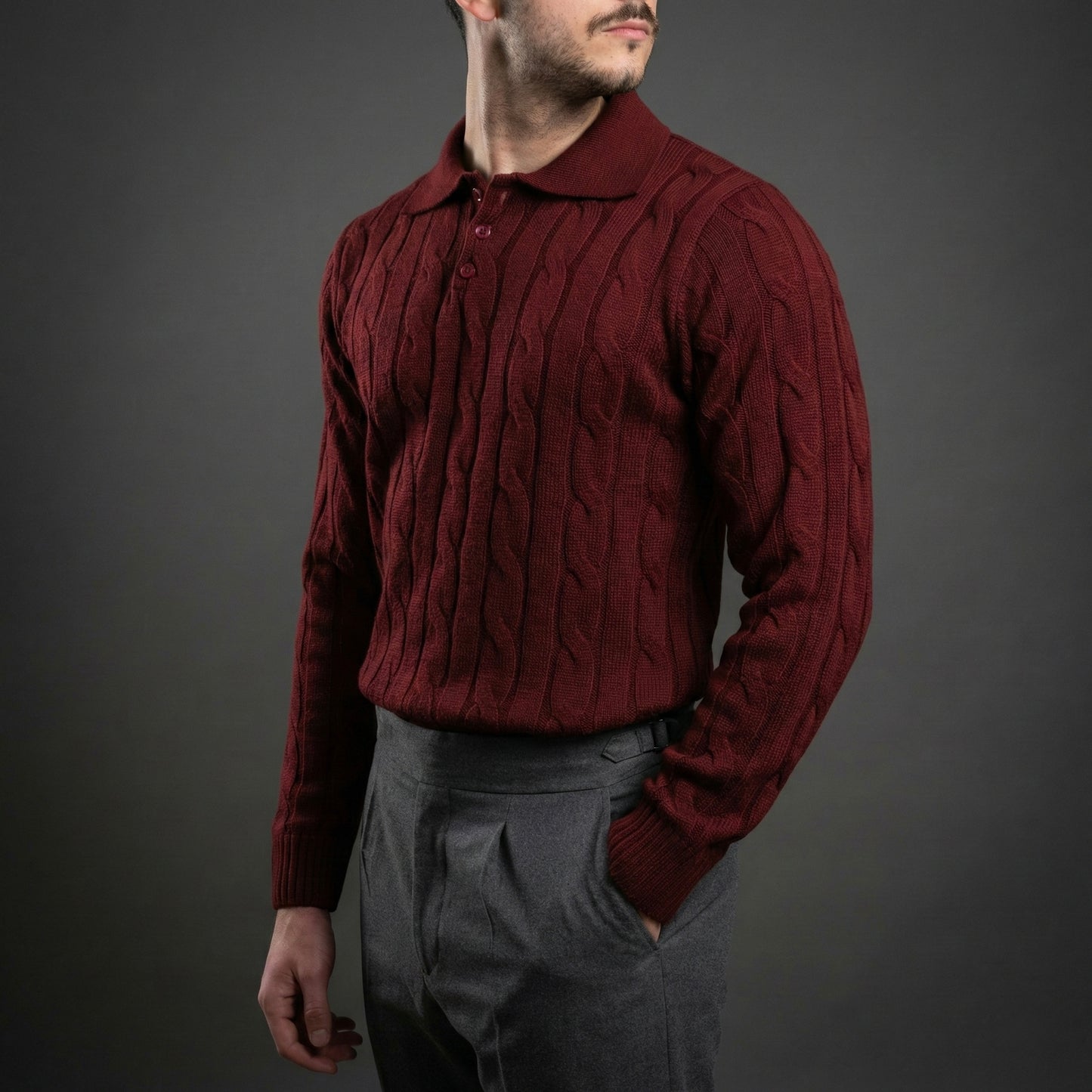 Elegant Burgundy Cable Knit Polo Sweater
