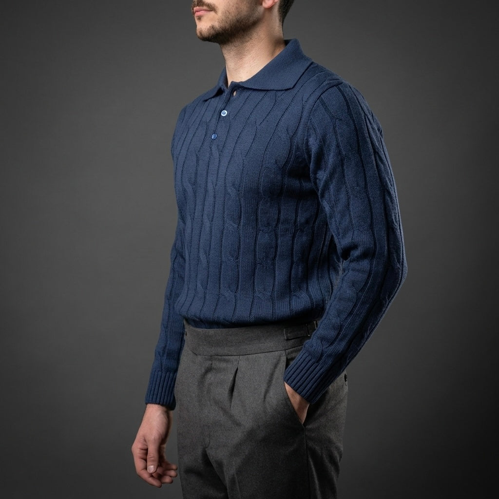 Blue Cable Knit Polo Sweater