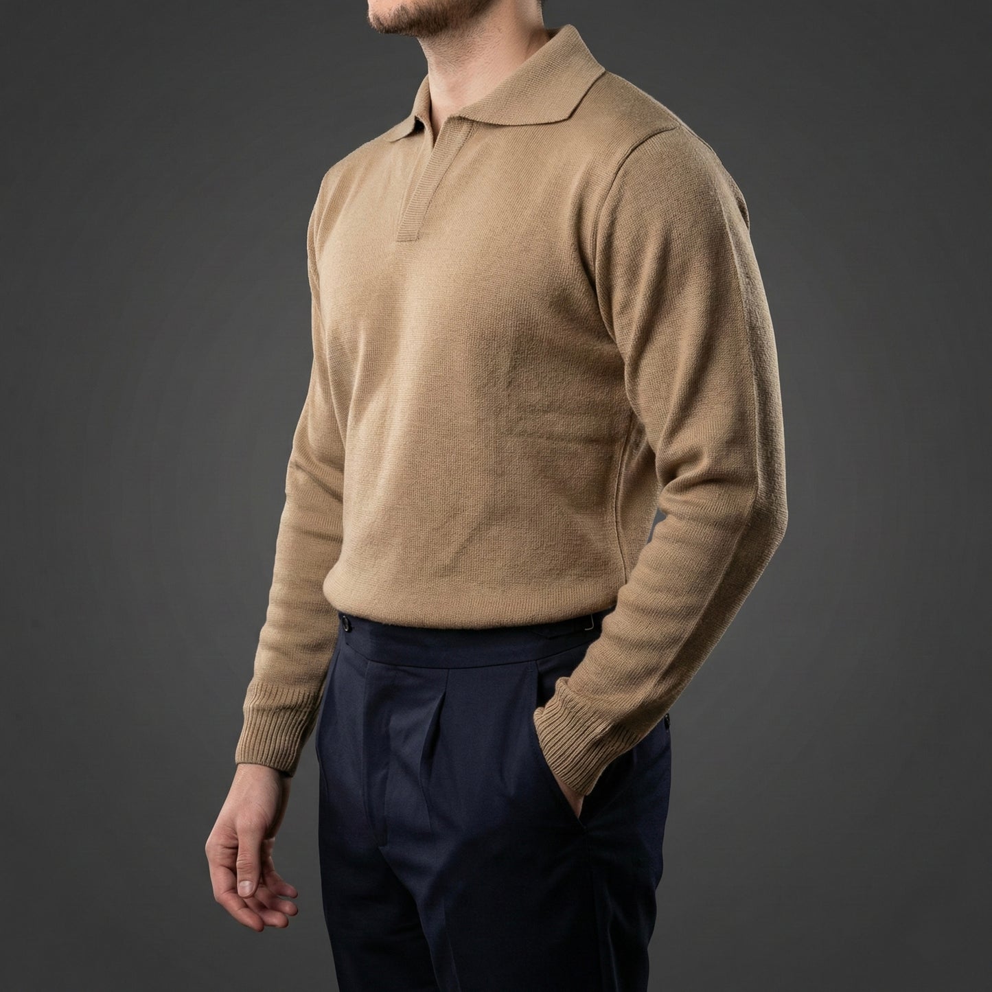 Classic Beige Long-Sleeve Polo Sweater