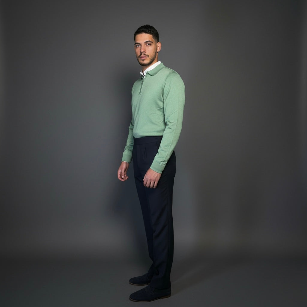 Pistachio Green Cotton Zipper Sweater Slim Fit