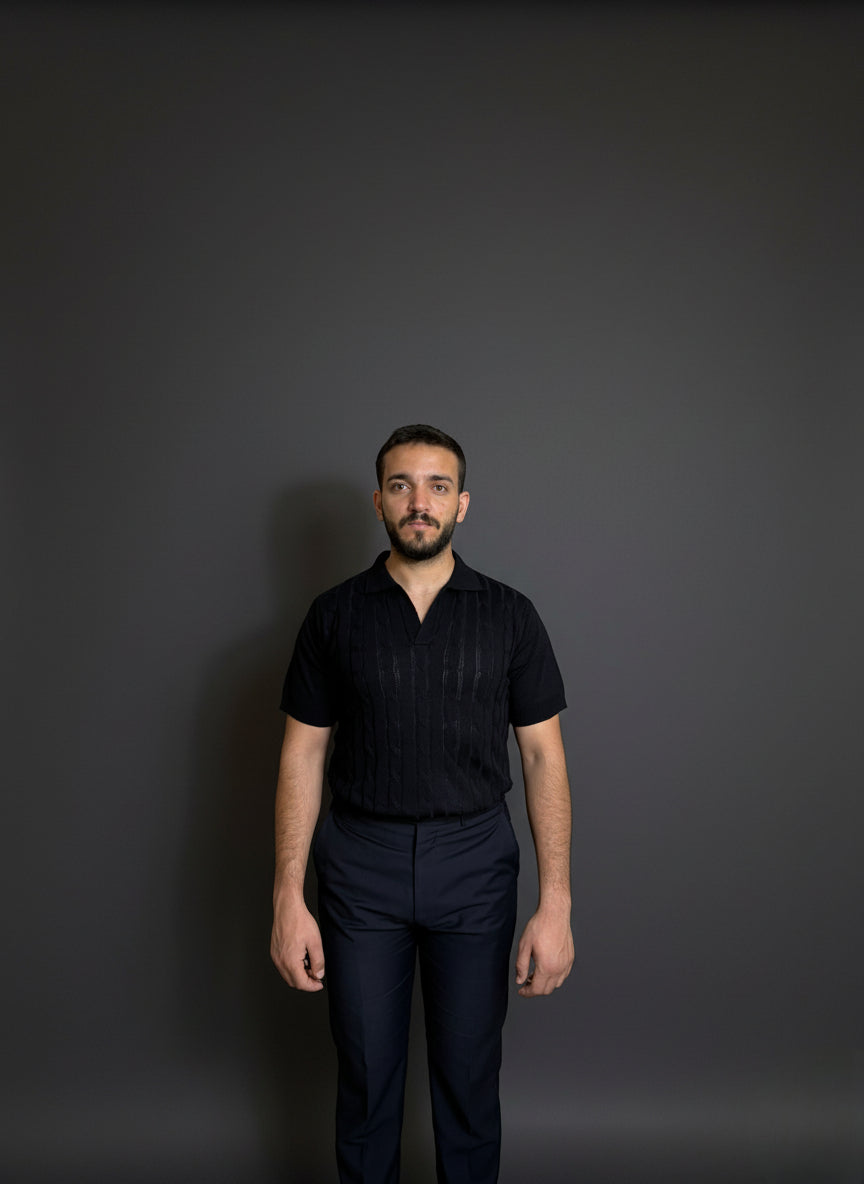 Navy Blue Cable-Knit Polo Shirt