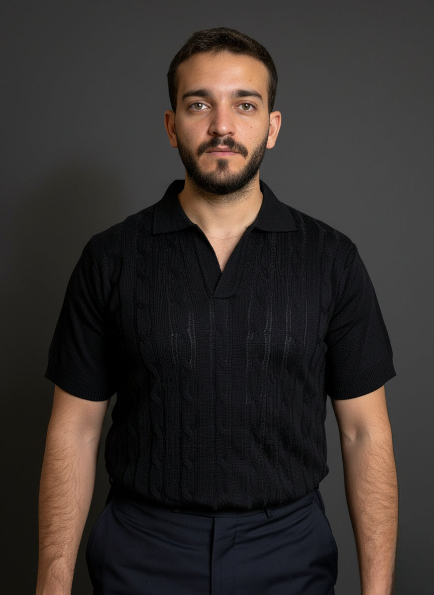 Black Cable-Knit Polo Shirt
