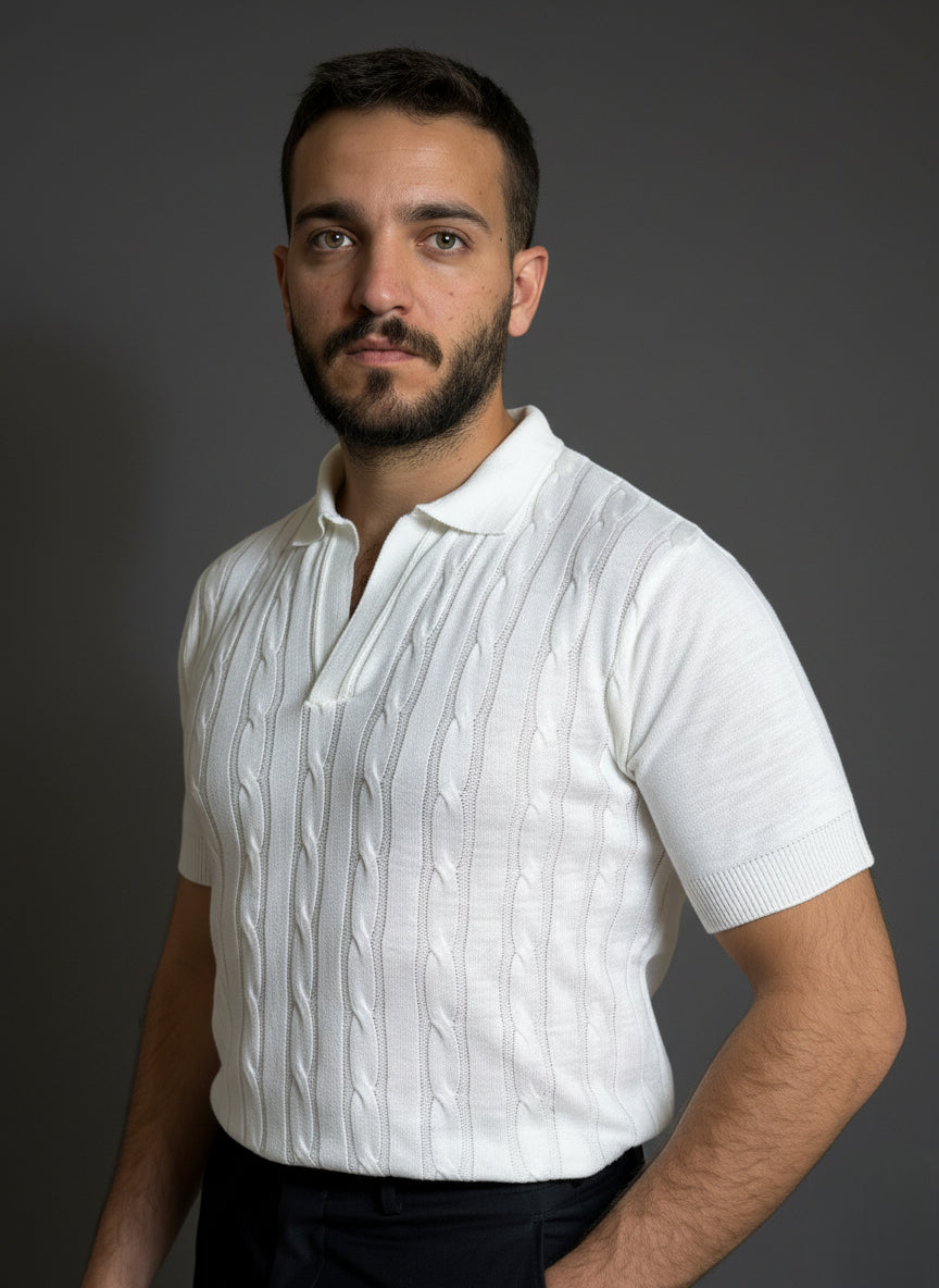 White Cable-Knit Polo Shirt
