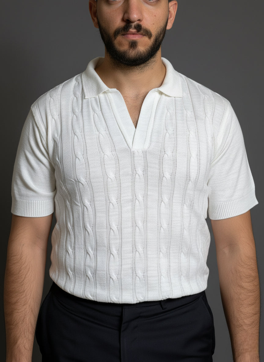 White Cable-Knit Polo Shirt