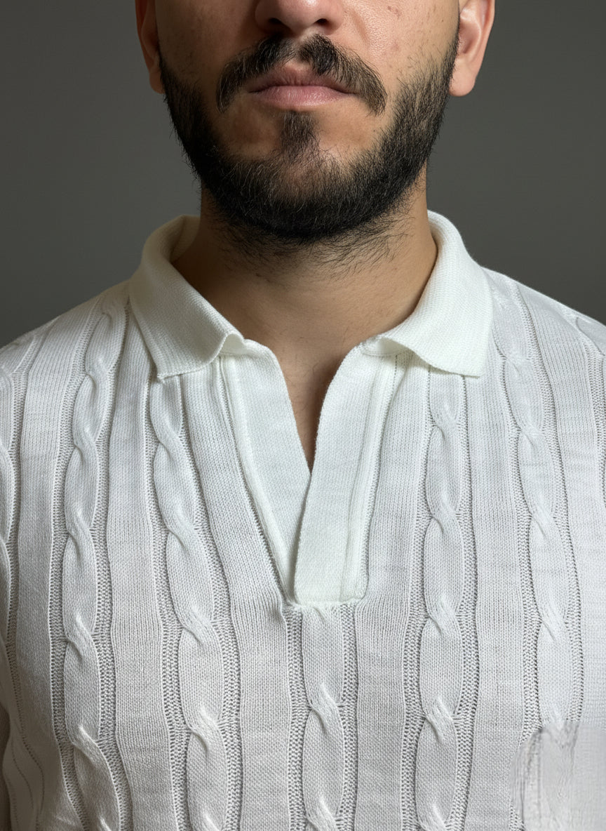 White Cable-Knit Polo Shirt