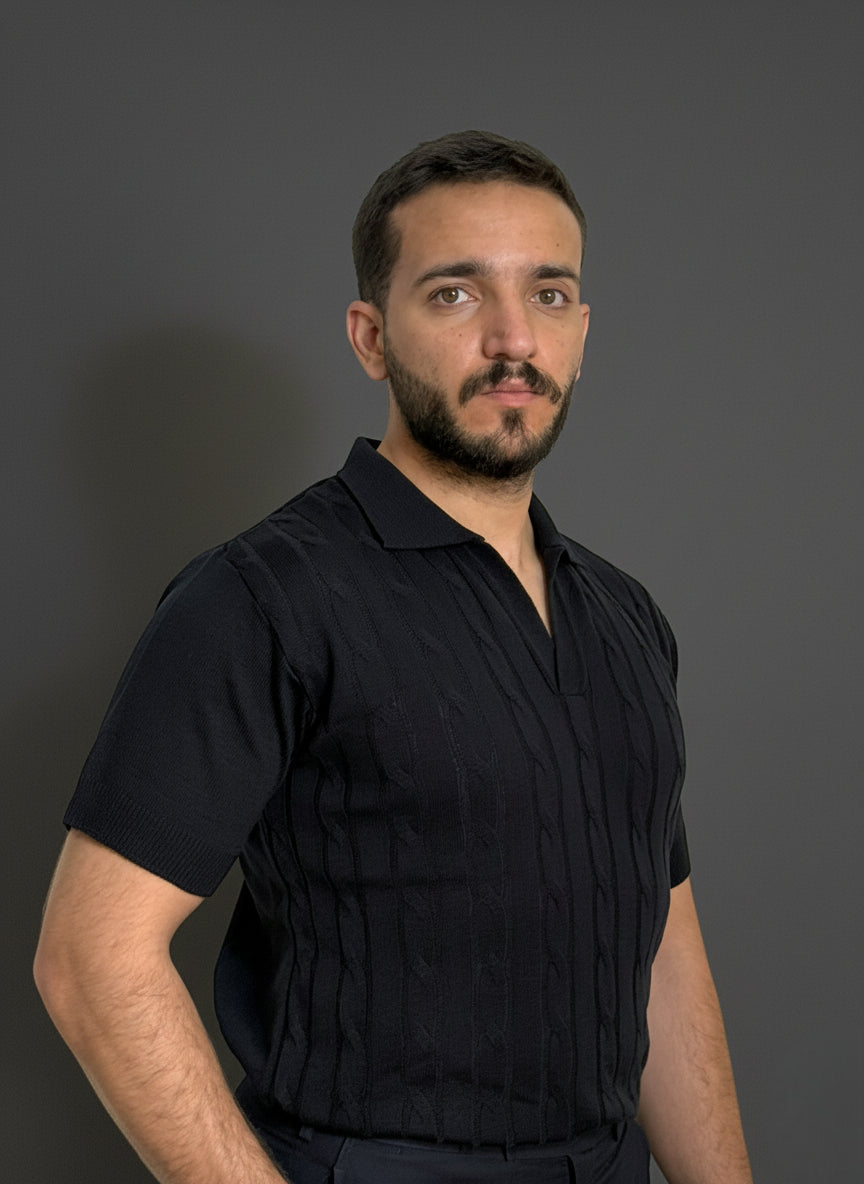 Navy Blue Cable-Knit Polo Shirt