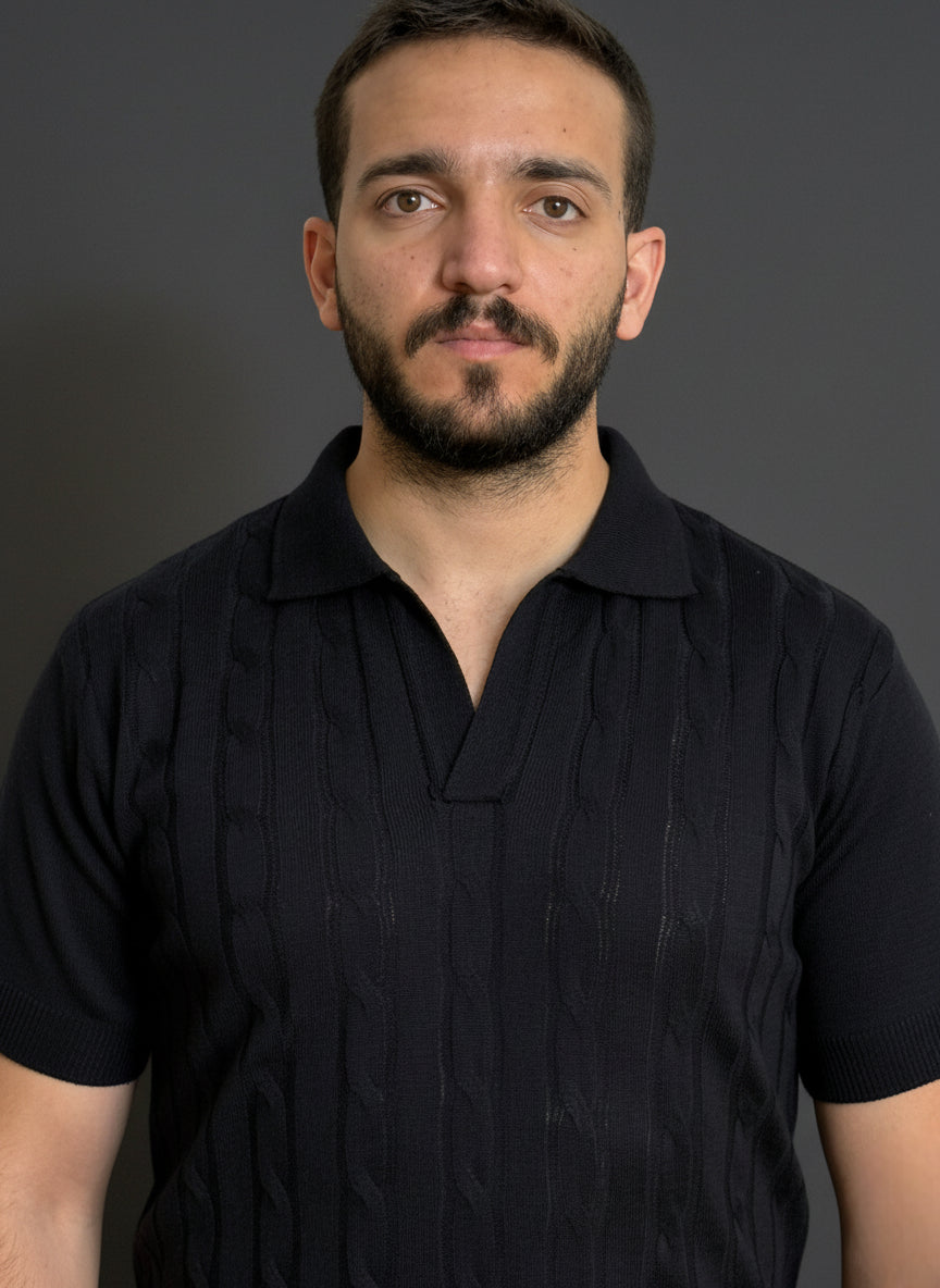 Navy Blue Cable-Knit Polo Shirt