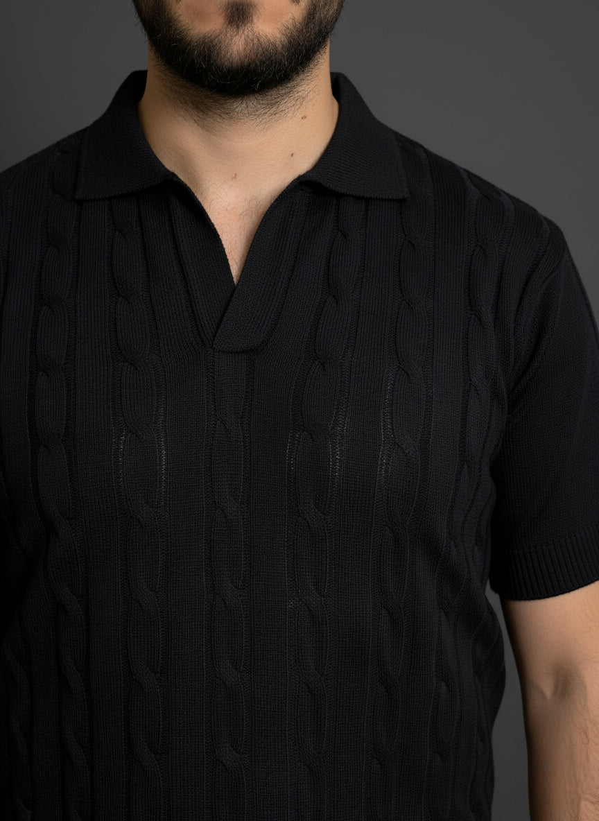 Black Cable-Knit Polo Shirt