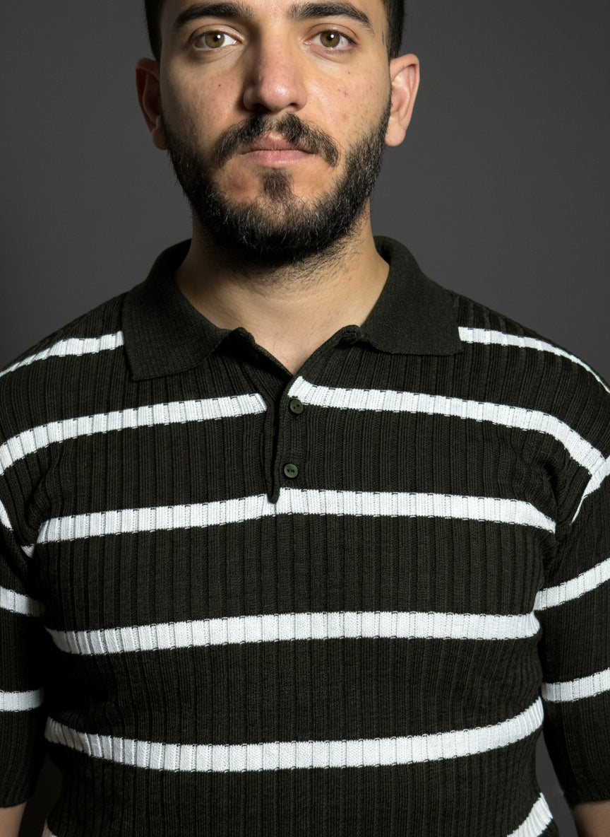 Dark Green & White Striped Polo Shirt