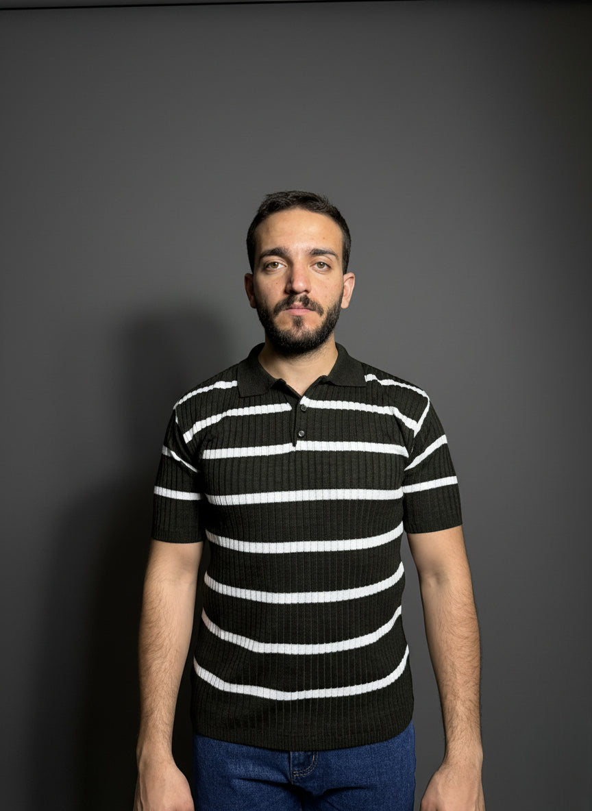Dark Green & White Striped Polo Shirt