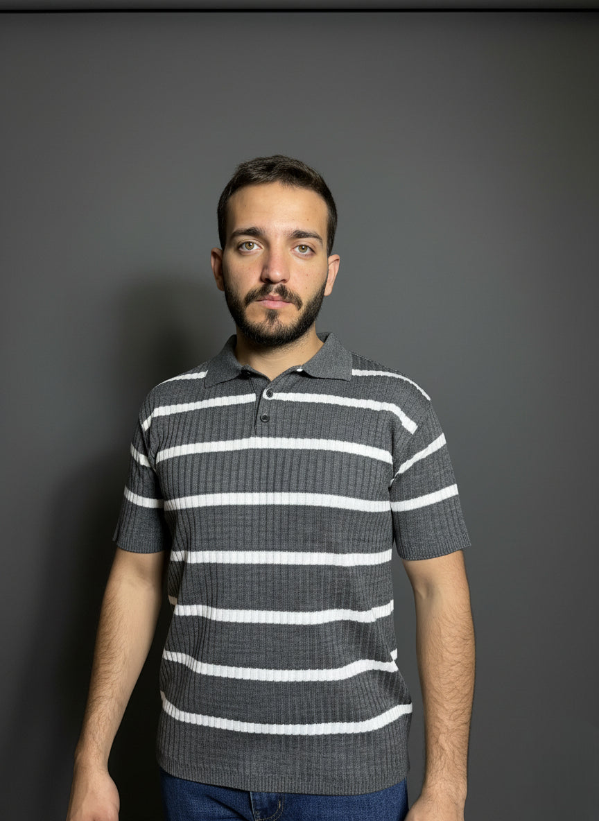 Grey & White Striped Polo Shirt