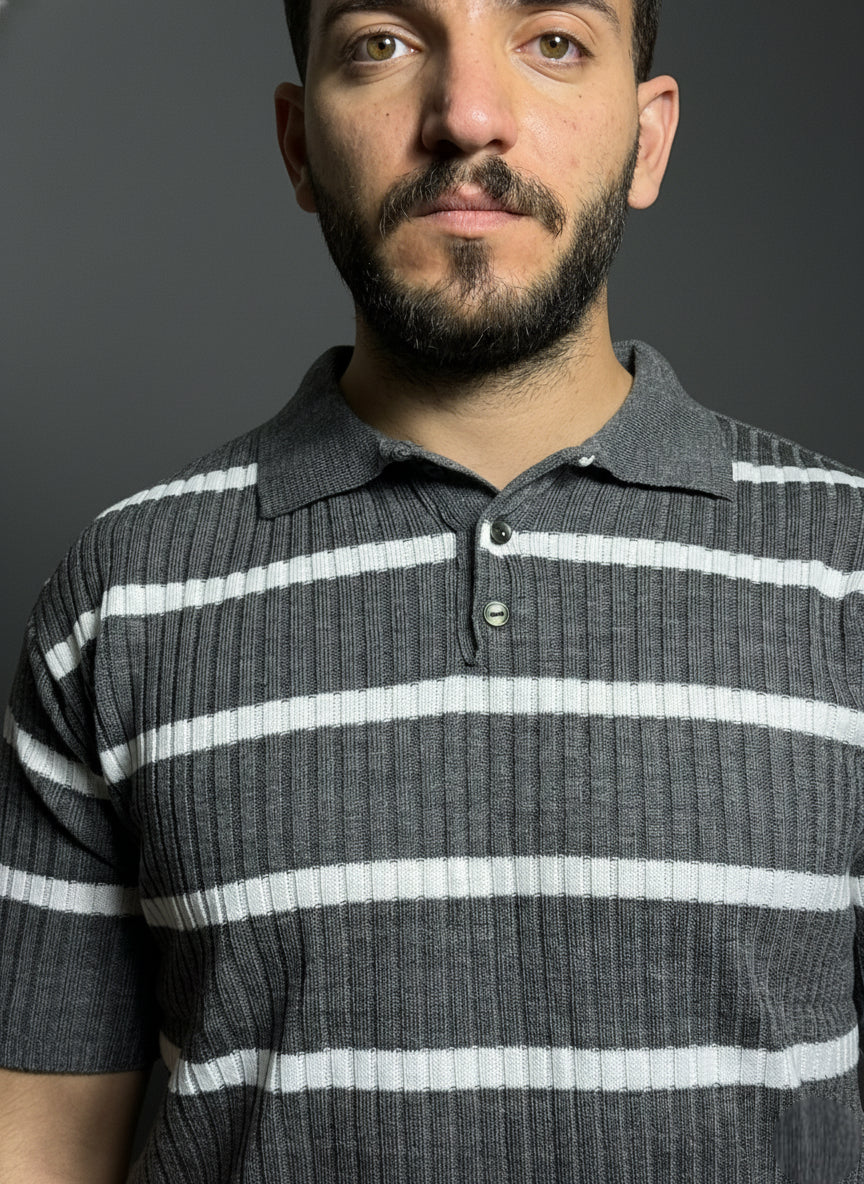 Grey & White Striped Polo Shirt