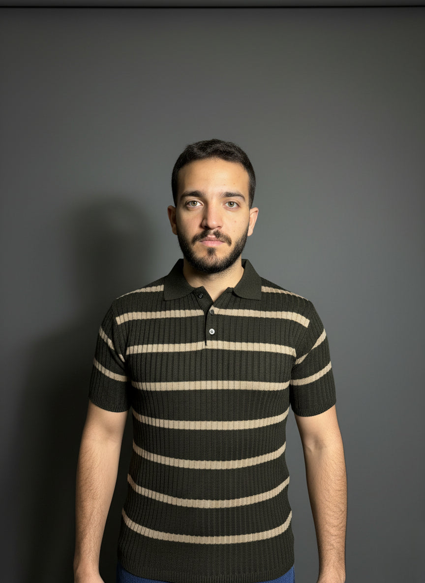 Dark Green & beige Striped Polo Shirt