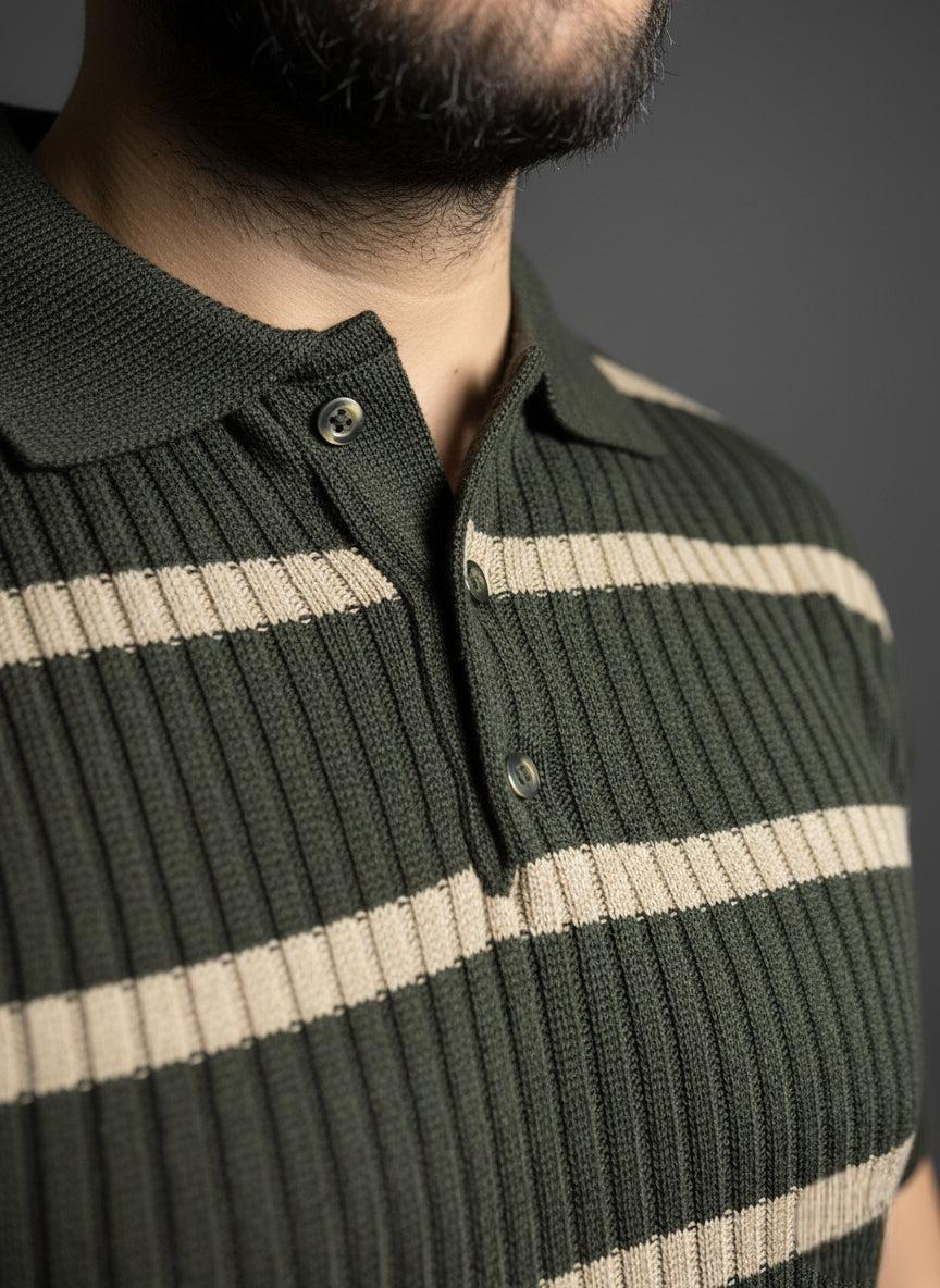 Dark Green & beige Striped Polo Shirt
