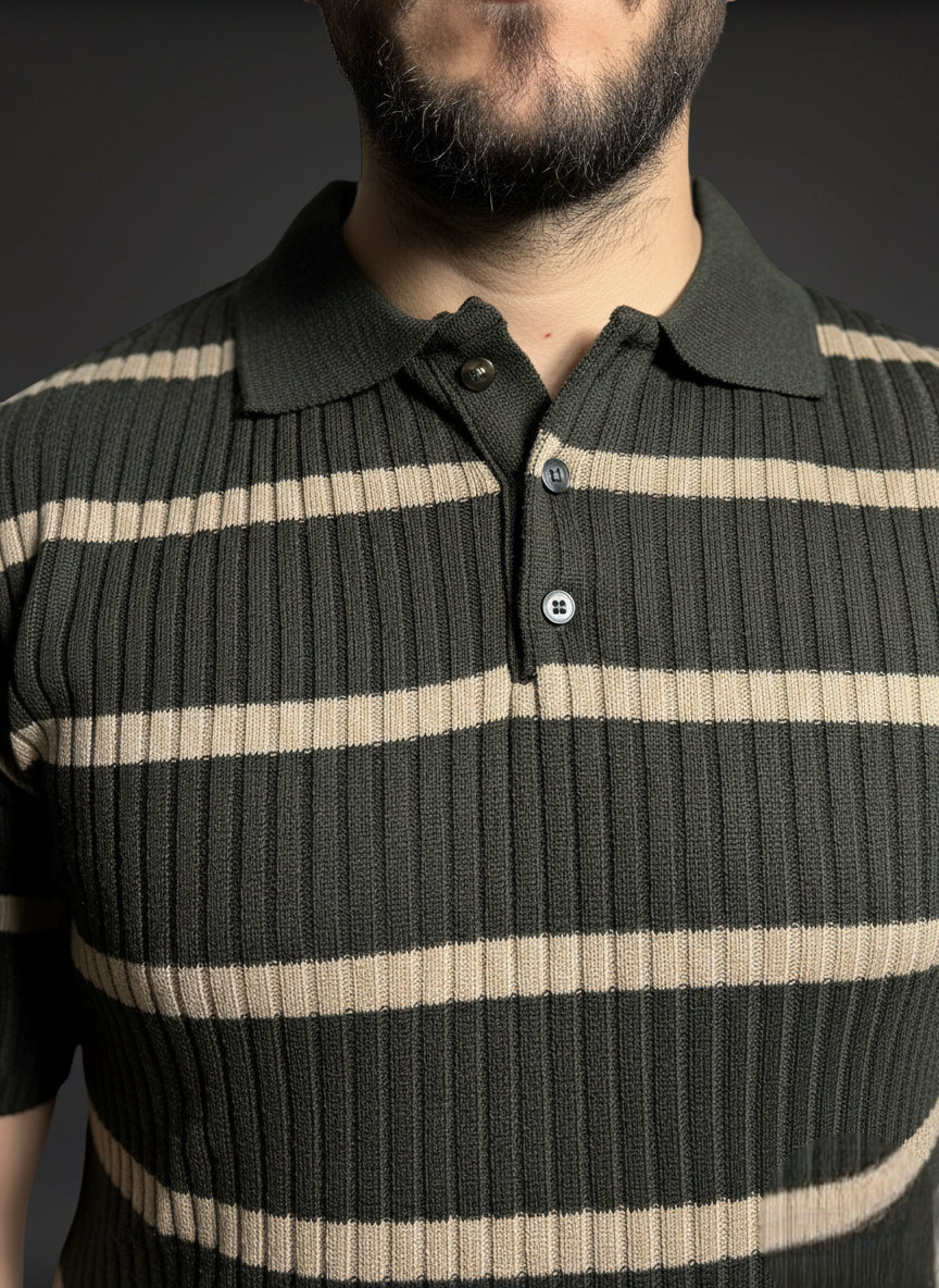 Dark Green & beige Striped Polo Shirt