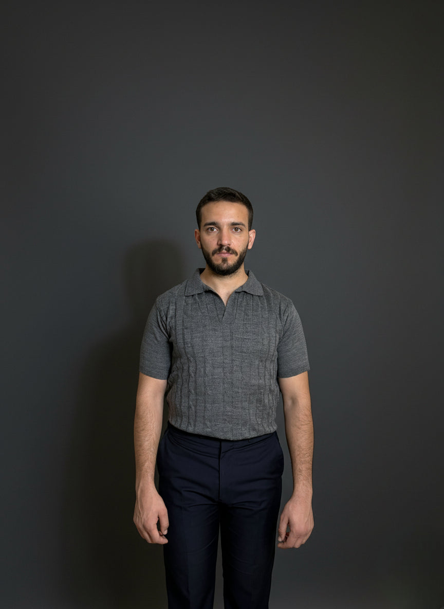 Charcoal Cable-Knit Polo Shirt