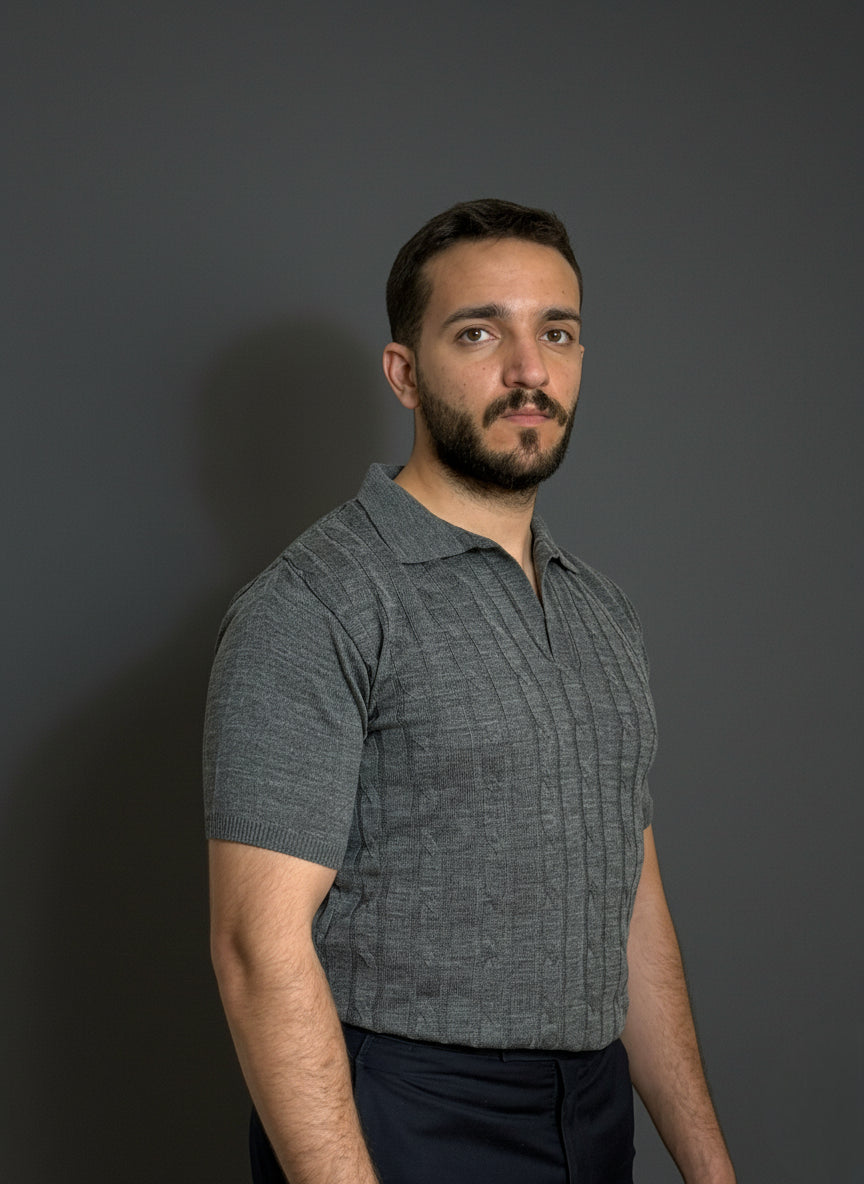 Charcoal Cable-Knit Polo Shirt