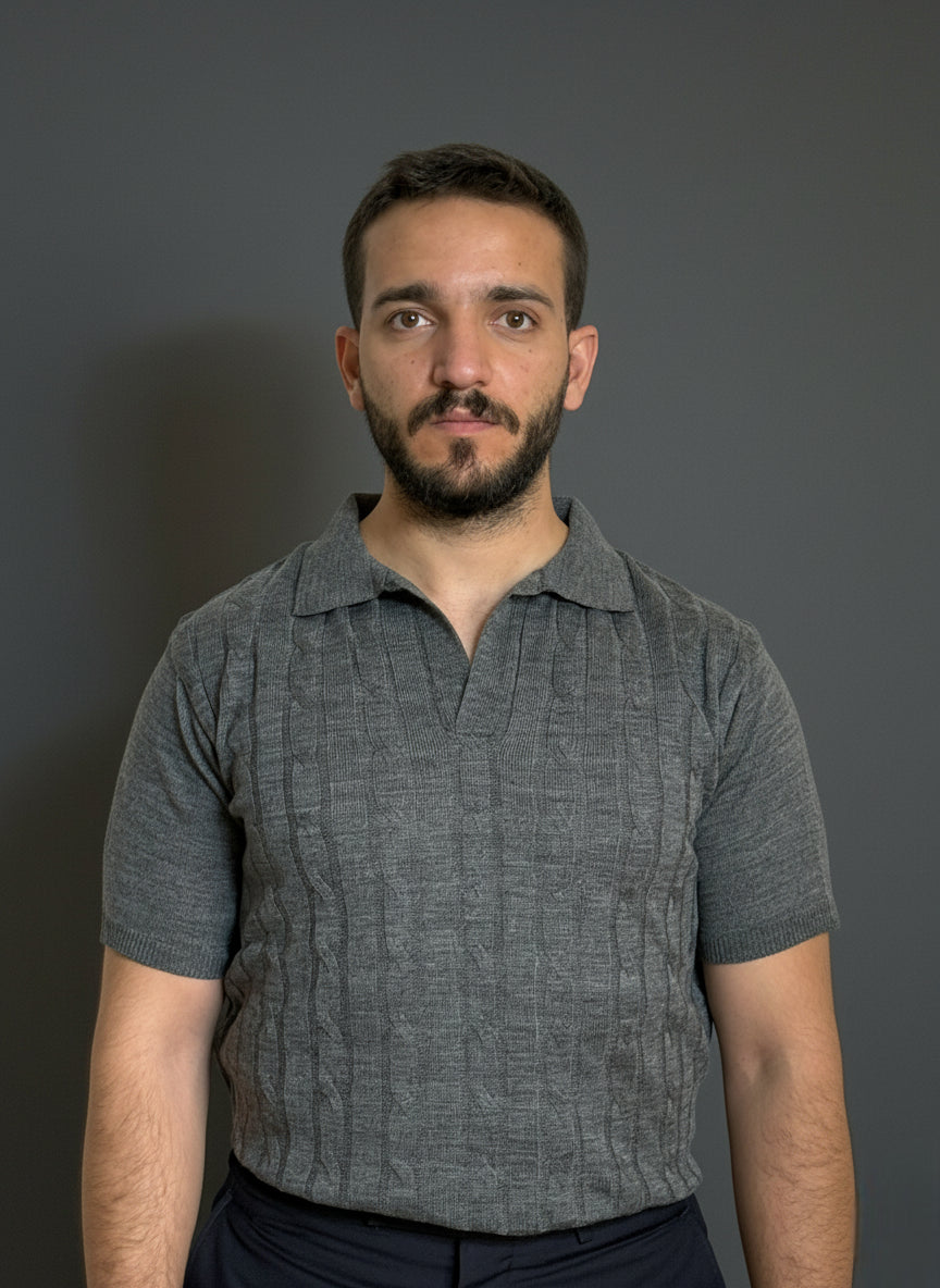 Charcoal Cable-Knit Polo Shirt