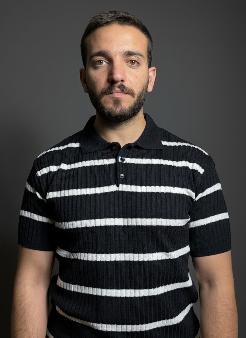 Navy & White Striped Polo Shirt