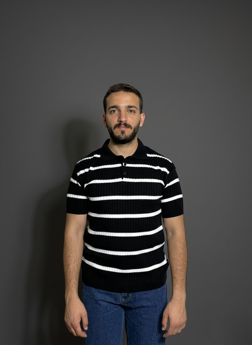 Navy & White Striped Polo Shirt