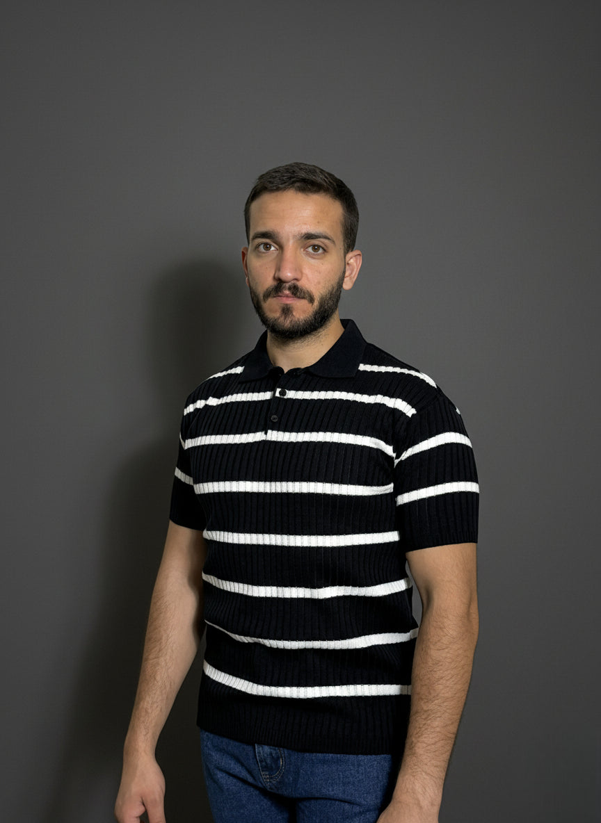 Navy & White Striped Polo Shirt