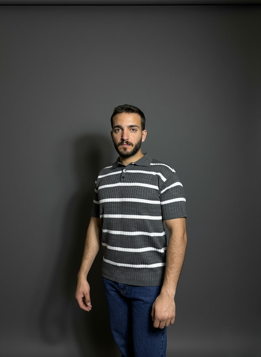 Grey & White Striped Polo Shirt