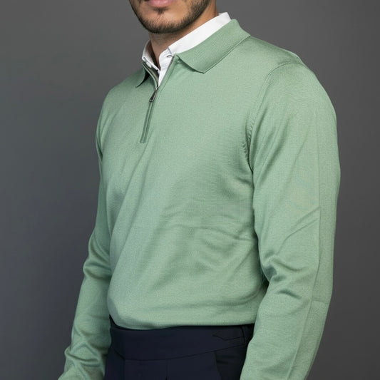 Pistachio Green Cotton Zipper Sweater Slim Fit