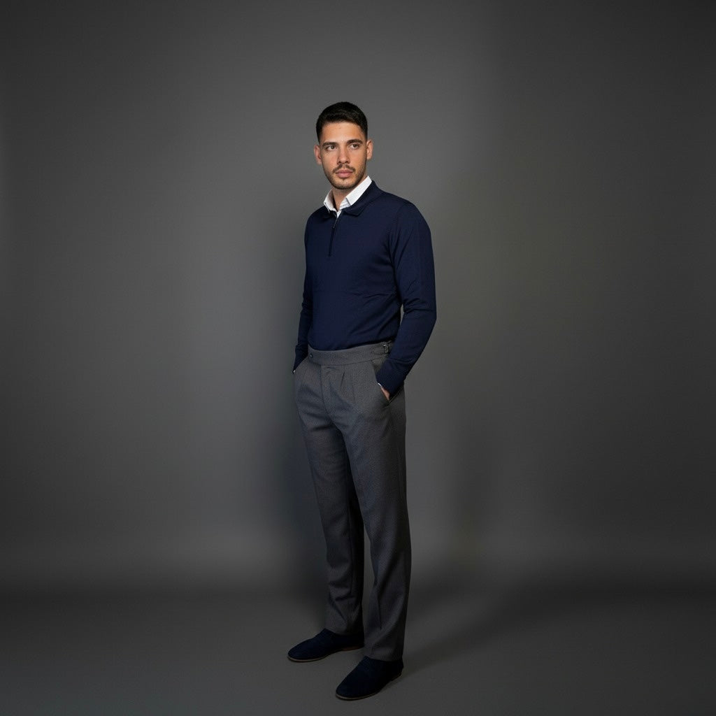 Navy Blue Cotton Zipper Sweater Slim Fit