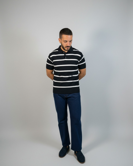 Men’s Striped Ribbed Knit Polo Shirt