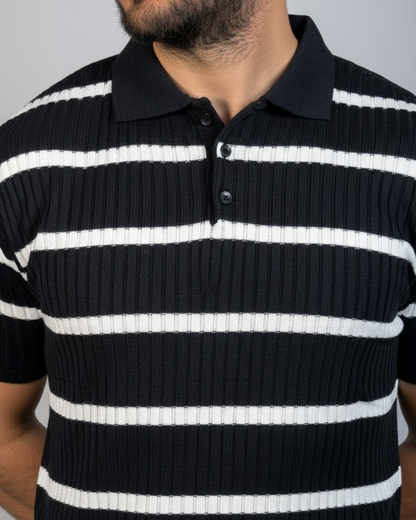 Men’s Striped Ribbed Knit Polo Shirt