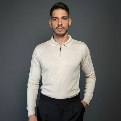 Beige Cotton Zipper Sweater Slim Fit