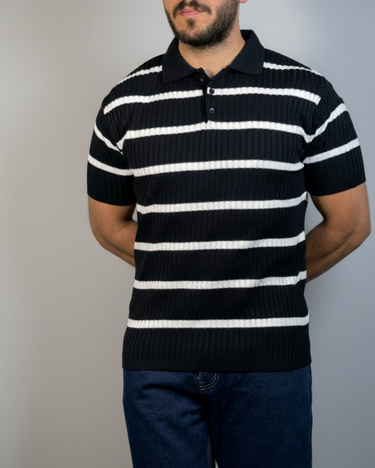 Men’s Striped Ribbed Knit Polo Shirt