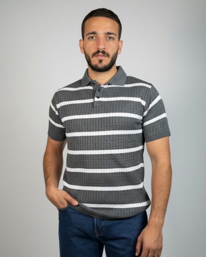 Men’s Striped Ribbed Knit Polo Shirt