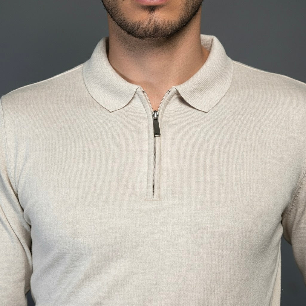 Beige Cotton Zipper Sweater Slim Fit