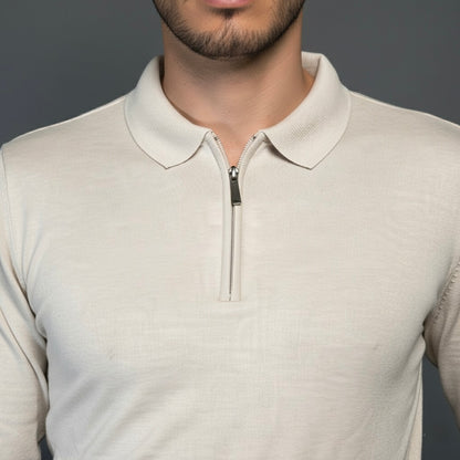 Beige Cotton Zipper Sweater Slim Fit