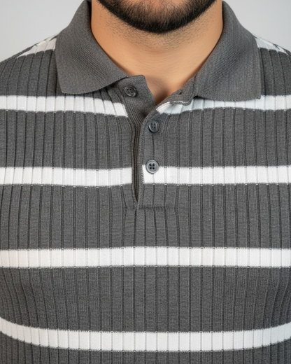 Men’s Striped Ribbed Knit Polo Shirt
