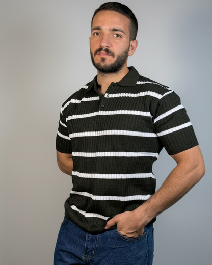 Men’s Striped Ribbed Knit Polo Shirt
