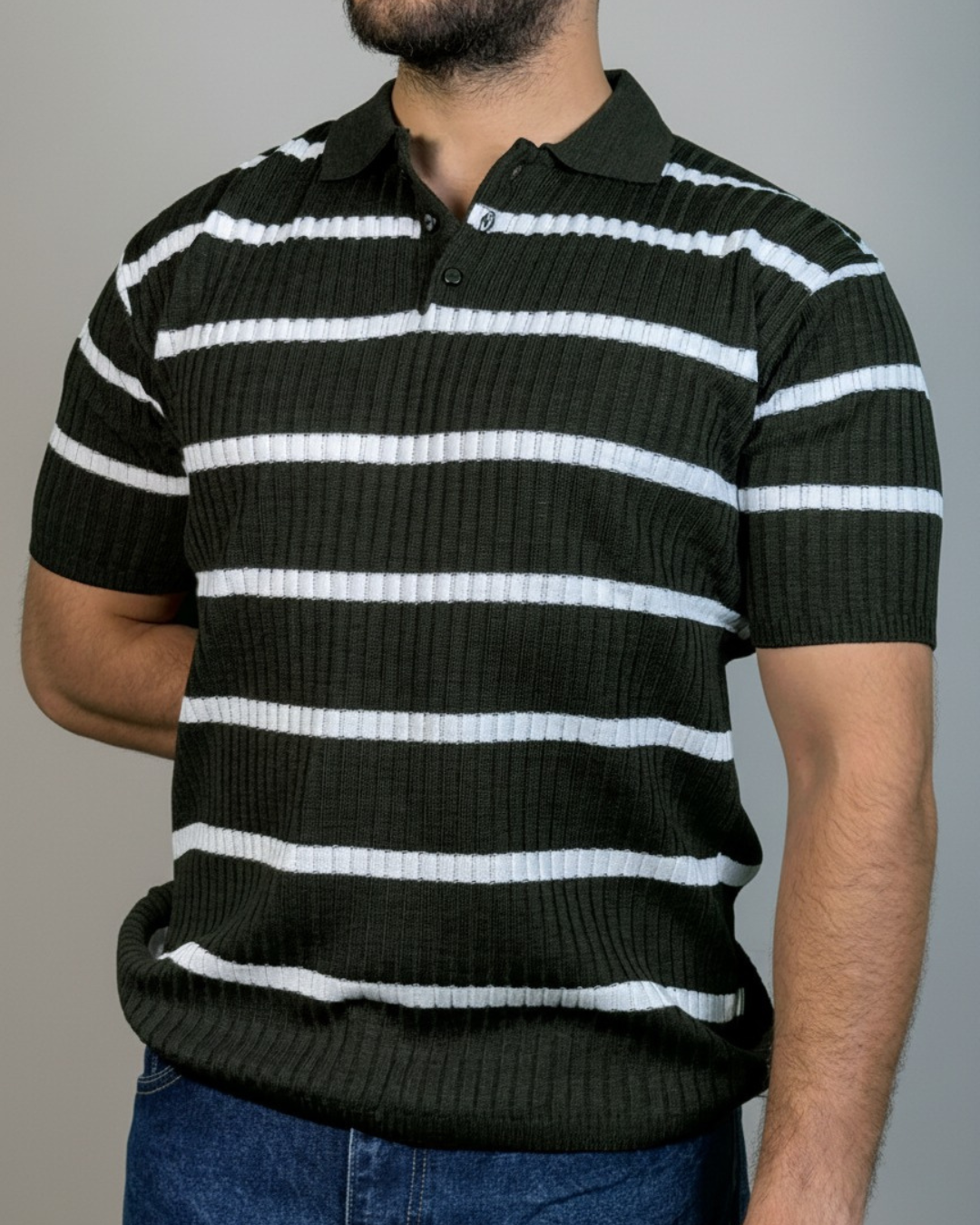Men’s Striped Ribbed Knit Polo Shirt