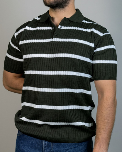 Men’s Striped Ribbed Knit Polo Shirt