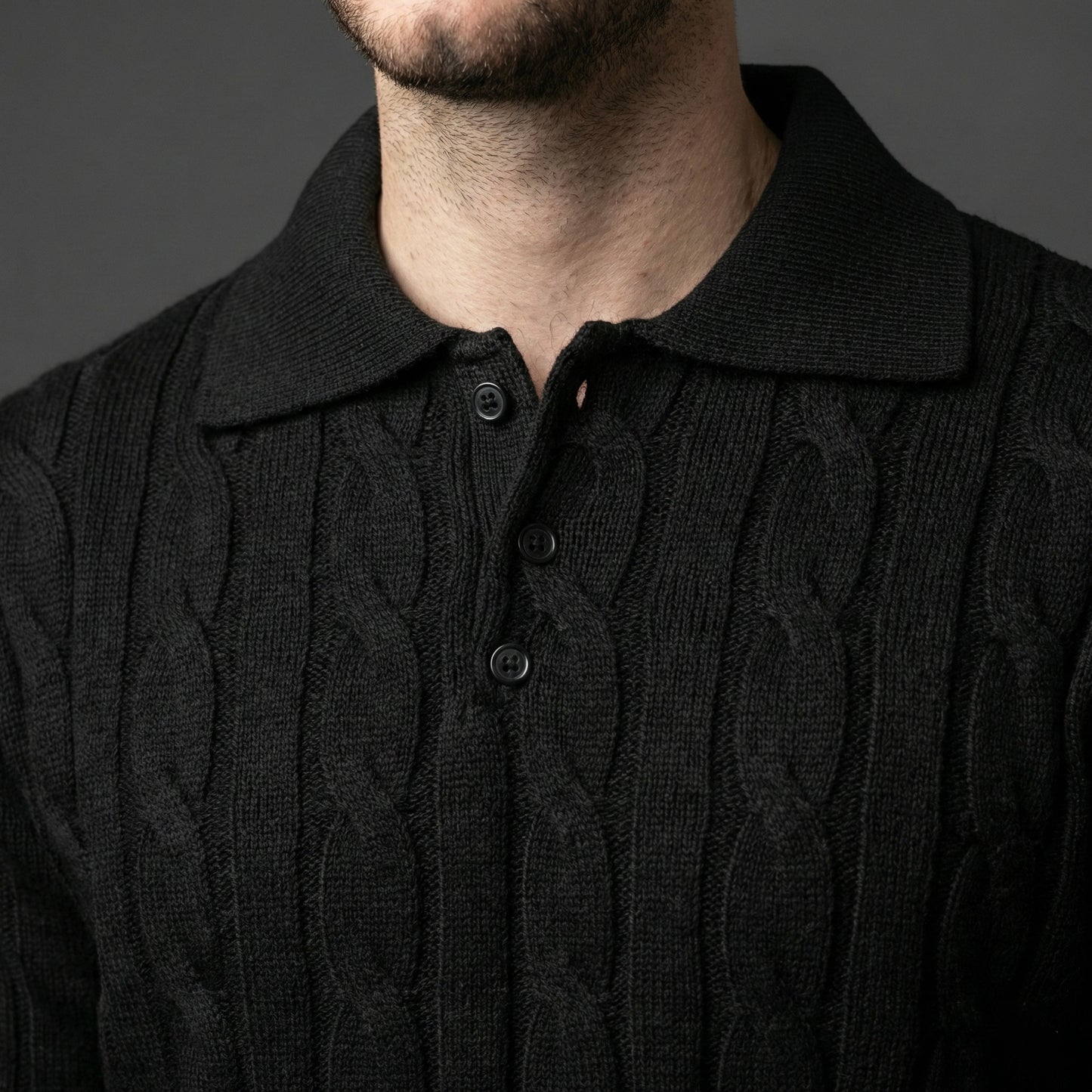 Essential Black Cable Knit Polo Sweater