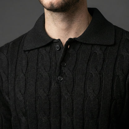 Essential Black Cable Knit Polo Sweater