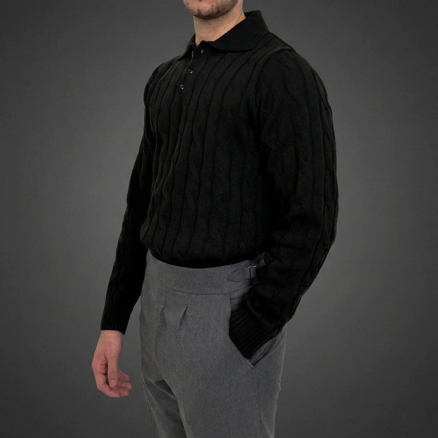 Essential Black Cable Knit Polo Sweater