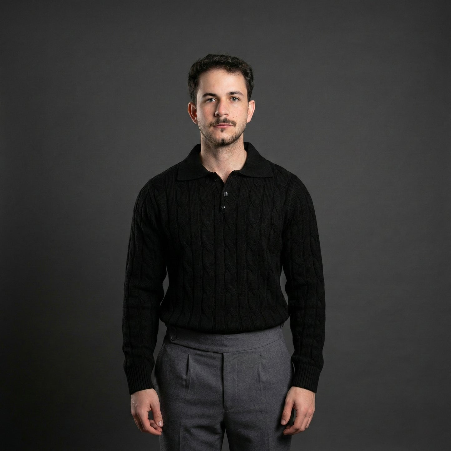 Essential Black Cable Knit Polo Sweater