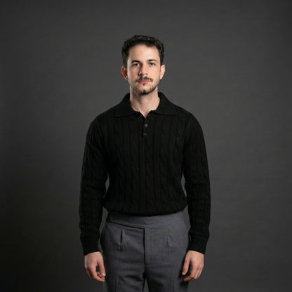 Essential Black Cable Knit Polo Sweater