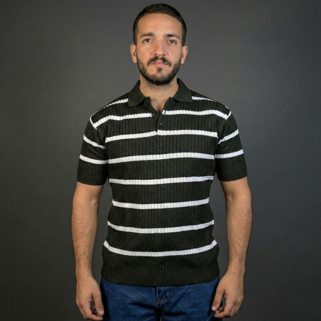 Dark Green & White Striped Polo Shirt